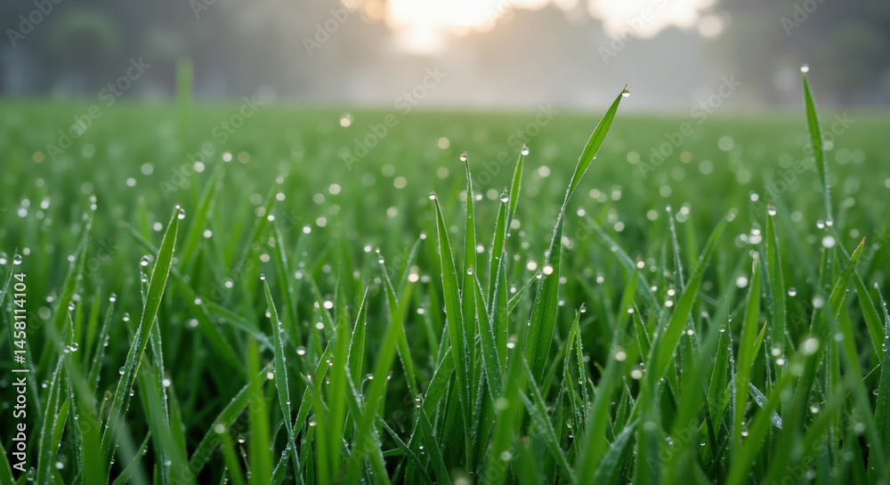 Obraz premium Fresh green grass with morning dew drops in misty field at sunrise. Natural background for environmental campaigns, lawn care services and spring season concepts