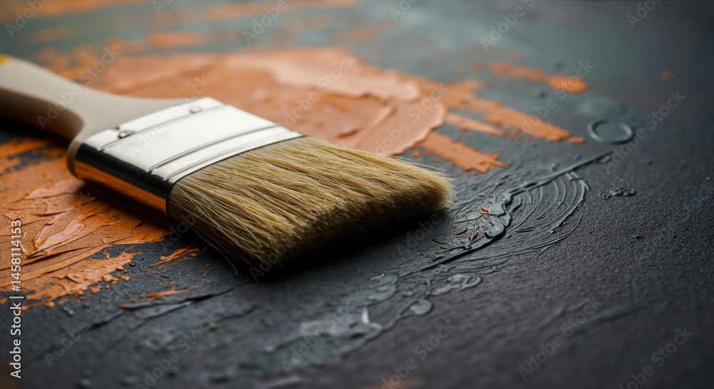 Fototapeta premium Paintbrush with orange paint on textured dark canvas. Artistic equipment for creative workshops, interior design services and DIY home improvement projects
