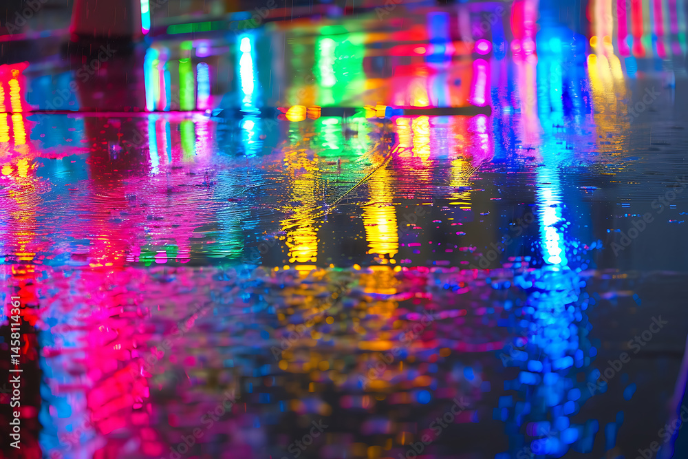 Obraz premium Colorful Neon Reflections on Wet Pavement in Urban Nighttime Scene
