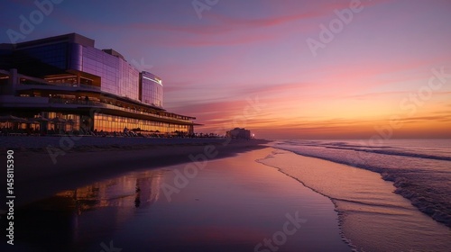 Obraz na płótnie Coastal Hotel at Sunset: Stunning Beachfront Architecture w salonie