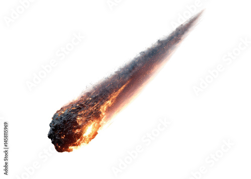 Fiery meteor or asteroid falling through space with a bright trail, isolated on transparent background, Space, Impact, Danger.