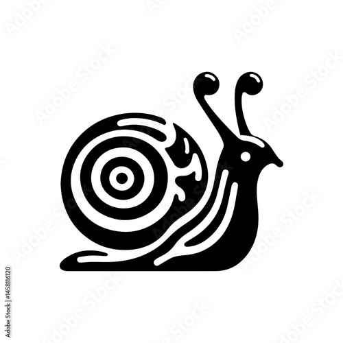 Minimal black and white vector icon of a snail with spiral shell and eye stalks in a modern, stylized form