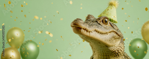 Obraz na płótnie Baby crocodile wearing a party hat with balloons and confetti against pale green background w salonie