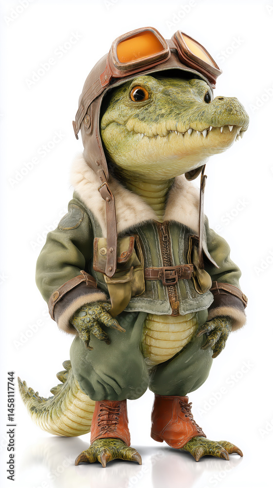 Bomber Crocodile pilot wearing goggles isolated on white background