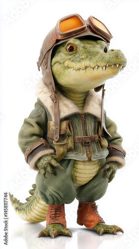 Obraz na płótnie Bomber Crocodile pilot wearing goggles isolated on white background w salonie
