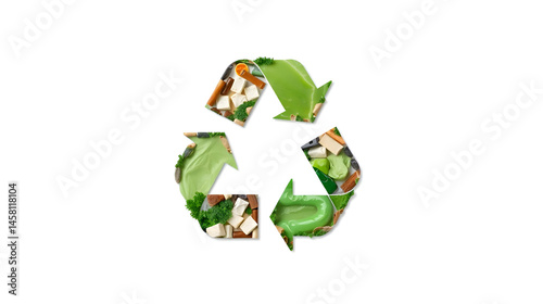 A creative recycling logo composed of various recyclable materials, promoting sustainability