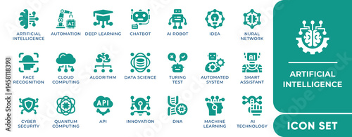 AI icon set featuring automation, robotics, neural networks, machine learning, brain circuits, processors, and tech symbols. Editable vector design.