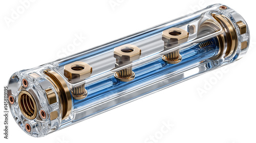 Transparent Component Design: A striking close-up captures the intricate design of a transparent cylindrical component, showcasing precision engineering, intricate details, and a blend of materials. 