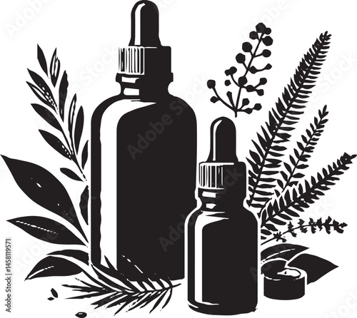 Botanical Essential Oil with Citrus and Herbs – Elegant Black and White Illustration