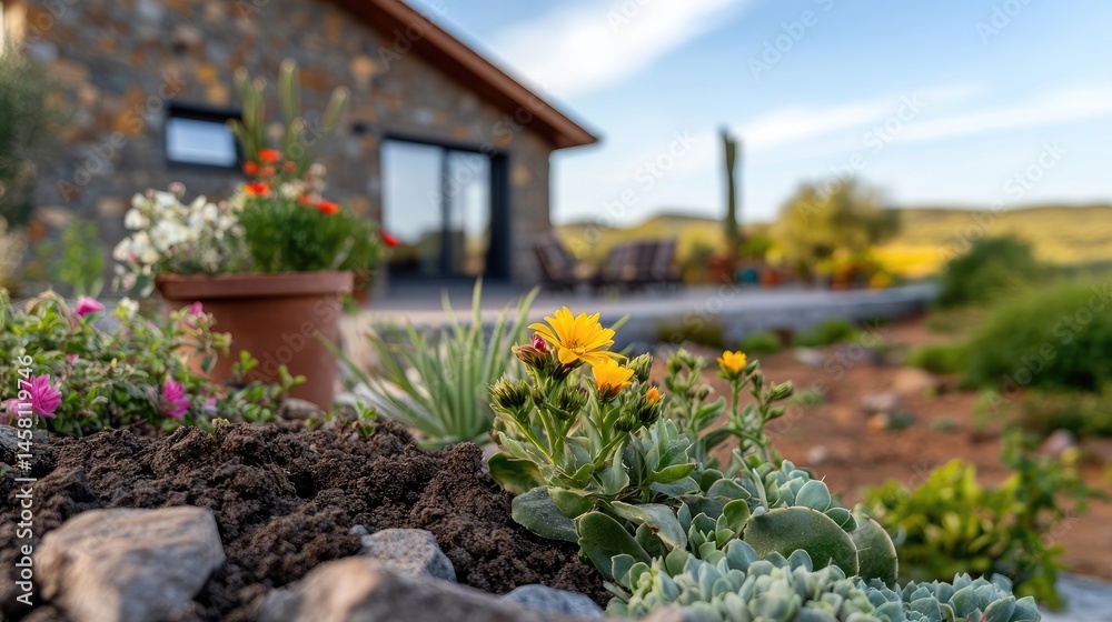 Obraz premium Serene retreat: Blossoming garden in front of a cozy stone dwelling