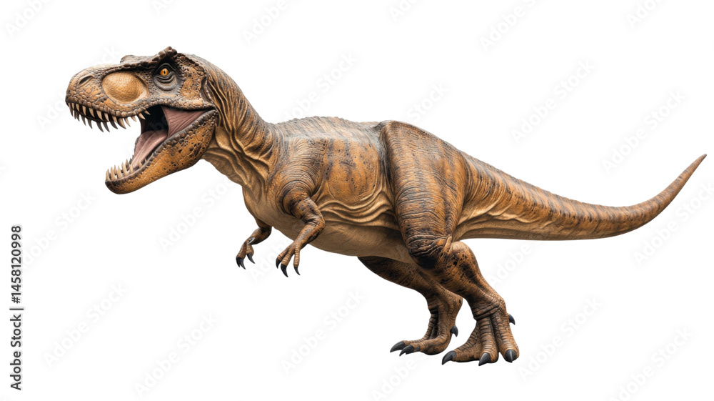 Fototapeta premium Realistic Tyrannosaurus Rex Standing Isolated on White Background Prehistoric Dinosaur Model Depicting Power, History, and Evolution