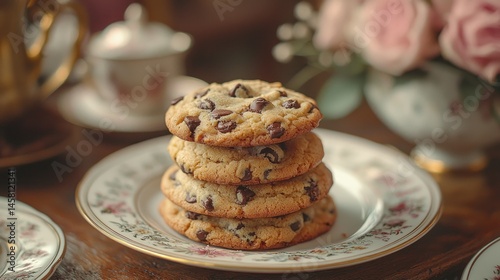Stacked chocolate chip cookies on ornate plate, with tea set and roses in background