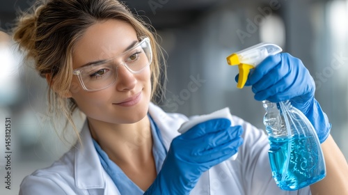 A woman in a lab coat cleans surfaces with a spray bottle and cloth in a bright environment.