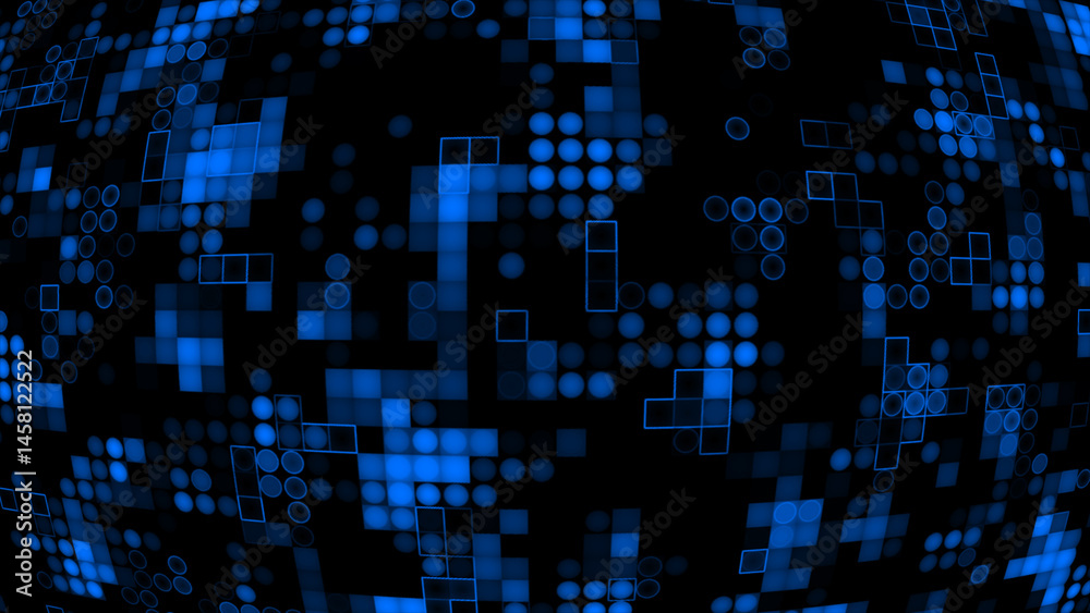 Appearing and disappearing 2d Royal blue circles and squares digital curve background, dark futuristic virtual background Appearing and disappearing 2d Royal blue circles and squares digital curve background, dark futuristic virtual background