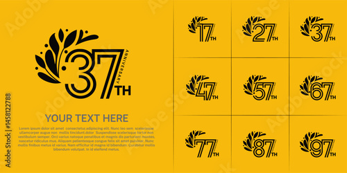 Anniversary logo type set with double line number and floral ornament. black color for celebration event