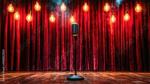 Stage with microphone and warm lights behind red curtains photo