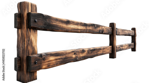 Rustic charm: weathered wooden split rail fence against a bright background