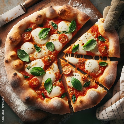 Pizza Margherita, rustic wood-fired crust, vibrant cherry tomatoes, fresh mozzarella, basil leaves, golden brown edges, artisanal, authentic Italian, overhead view