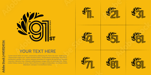 Anniversary logo type set with double line number and floral ornament. black color for celebration event