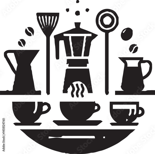 Coffee Brewing Equipment Icons – Stylish Black and White Beverage Illustration