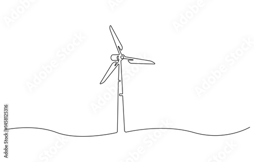 Wind Turbine Continuous Line Icon. Hilly landscape with wind farm turbines energy continuous one line icon drawing. Renewable source green energy concept vector illustration.