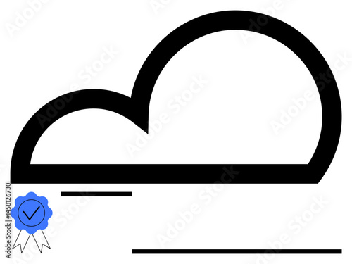 Bold cloud outline with a certificate and checkmark symbolizing secure cloud technology, reliability, and trust. Ideal for data storage, online security, certification, digital solutions, corporate