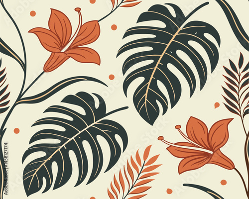 Seamless Botanical Pattern with Monstera Leaves and Orange Tropical Flowers