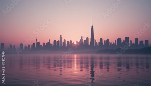City skyline at dawn or dusk reflecting on water
