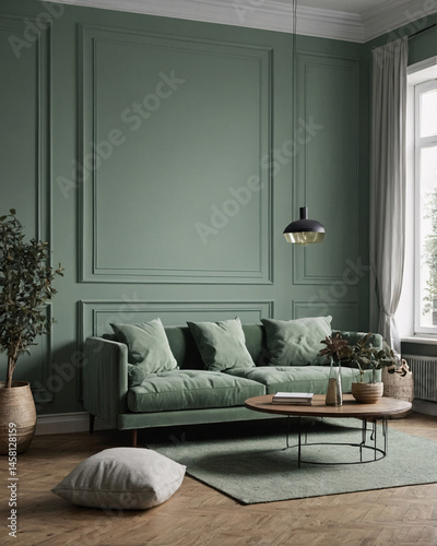 interior decor photography sage green home mockup featuring plush bed wooden couch table natural lighting calm styling modern elegant aesthetic minimalist setup Contemporary Scandinavian Interior