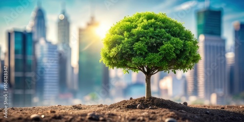 Symbolizing carbon neutrality: a tree against city backdrops. photo
