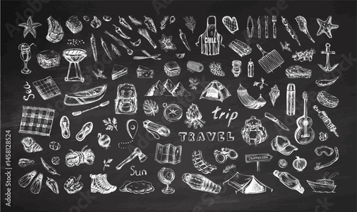 Hand drawn vintage sketch set of picnic, camping, hiking, mountain trekking and travel elements in retro engraved style on chalkboard background