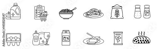 Grocery Icon Set. Illustrations Food, Bread, Milk, Eggs, Butter, Flour, Fruits, Vegetables, Fish, Chicken, Beef, Olive Oil, Sugar, Jam, and More