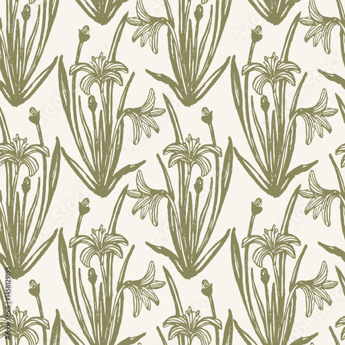 Hand drawn easter lily wildflower silhouettes forming a maximalist botanical pattern in colors of green on off white background. Seamless vector pattern. Great for home decor, fabric, wallpaper, gifts