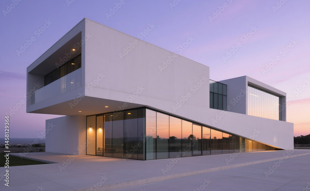 Obraz premium A striking minimalist building with large glass and white concrete surfaces, captured at dusk. The structure has a bold, geometric shape with cantilevered sections and sharp lines. A few warm light
