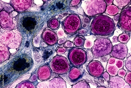 Real microscopic photo of pancreatic adenocarcinoma cells with irregular ducts and dense fibrotic tissue.