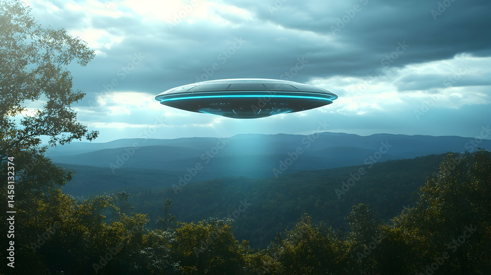 Fototapeta premium Unidentified Flying Object hovering over a densely forested mountainous region