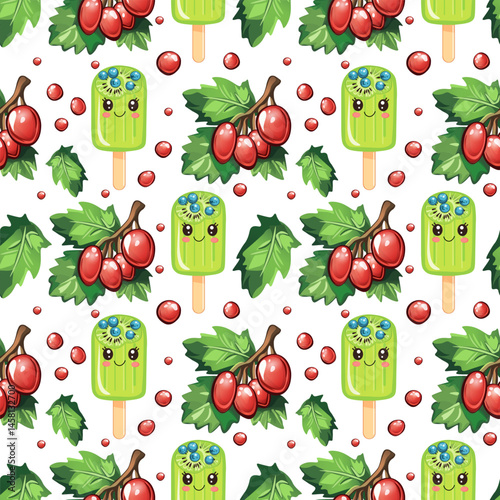 Seamless pattern featuring cute green popsicles with blueberries, red berries on leafy branches, and scattered fruit elements on a white background