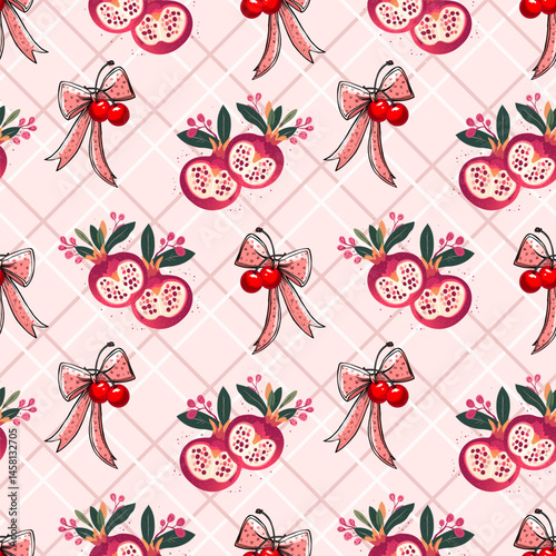 Seamless pattern featuring halved pomegranates, red cherries tied with pink bows, green leaves, and floral accents on a light pink plaid background