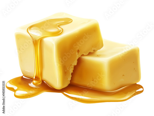 Golden Honey Drizzled Over Creamy Butter Cubes, PNG