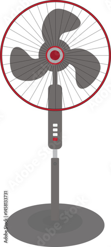 Modern grey pedestal fan with four blades and adjustable height, standing on a sturdy base isolated on white background, Vector illustration