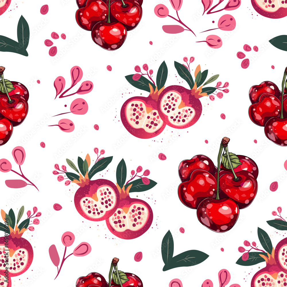 Seamless vector pattern with bright red cherries and pomegranates including whole fruits and halves on a white background Seamless vector pattern with bright red cherries and pomegranates including whole fruits and halves on a white background