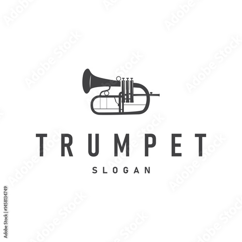minimalist music trumpet logo design with old vintage concept black silhouette of musical instrument as symbol template