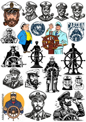Collection of vintage nautical captain portraits. Set with bearded sailors wearing captain hats and pipes, showcasing their leadership and authority at sea.