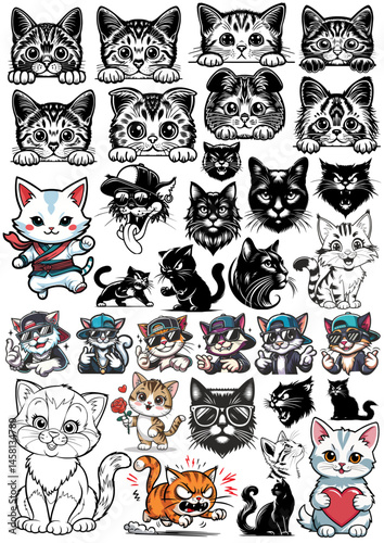 Cute cats and funny kitten doodle element vector. Happy international cat day characters design collection with flat color in different poses. Set of adorable pet animals isolated on white background.