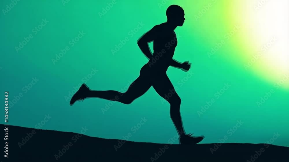 A man is running on a hill with a sunset in the background A man is running on a hill with a sunset in the background