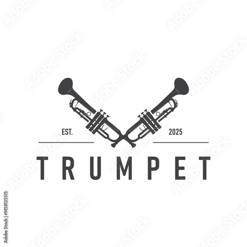 minimalist music trumpet logo design with old vintage concept black silhouette of musical instrument as symbol template