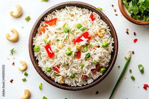 Top view of South Indian rice with red pepper