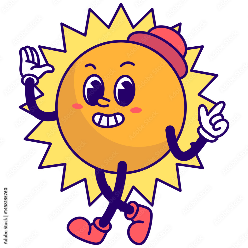 Obraz premium Funny Sun Groovy Character in Cartoon Style. Vector Illustration.