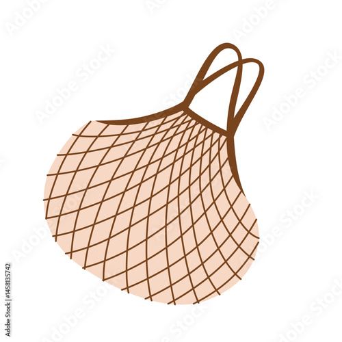 Vector cartoon illustration of mesh shopping bag. Eco friendly reusable net bag for groceries and everyday purchases. Zero waste lifestyle icon, sustainable shopping, and conscious consumption