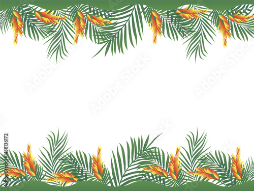 Horizontal border of tropical greenery with flowers and with empty center. Tropical leaves frame. Vector design illustration.
